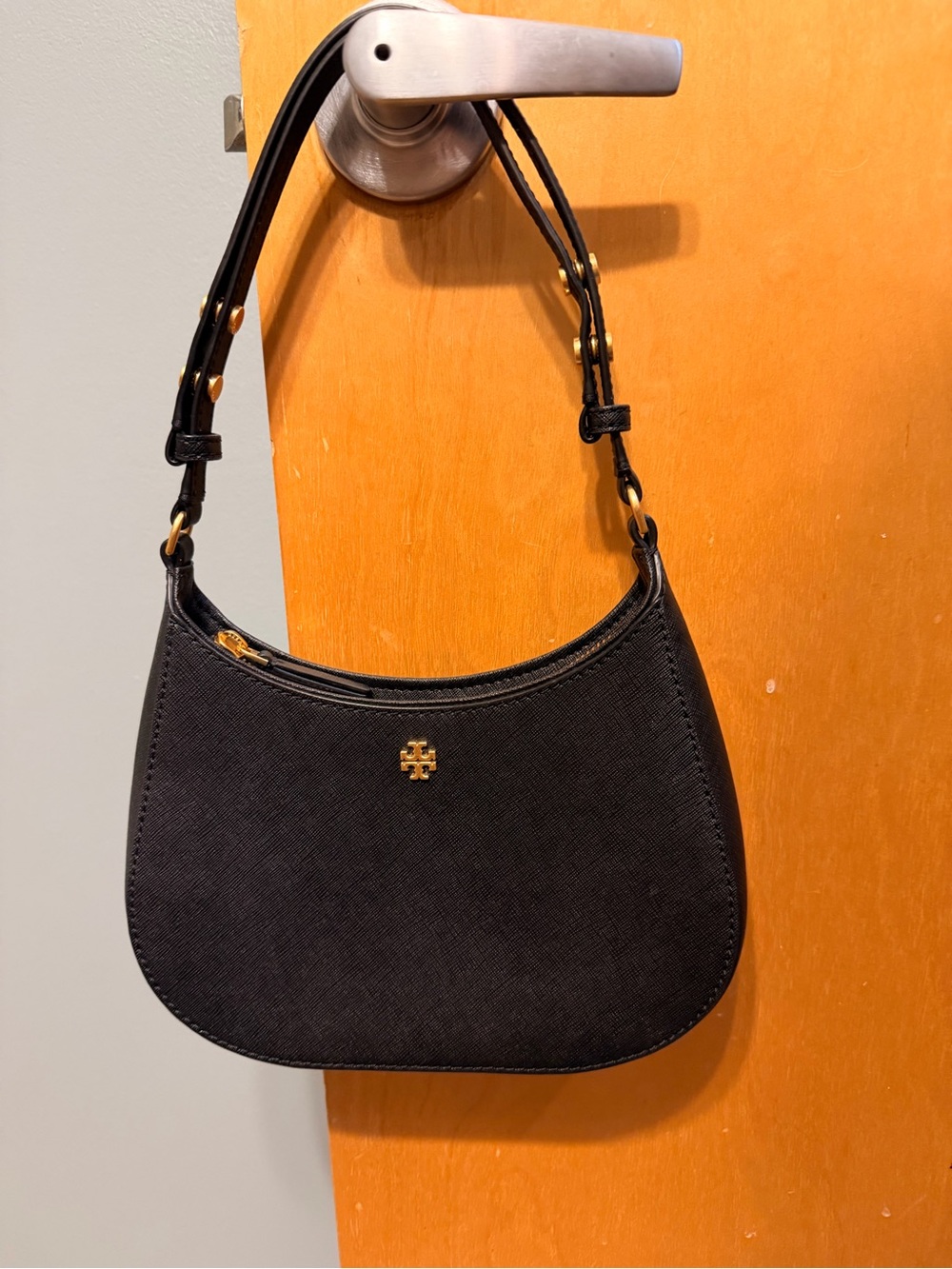 Tory Burch Black Shoulder Crescent Bag with Gold Hardware
